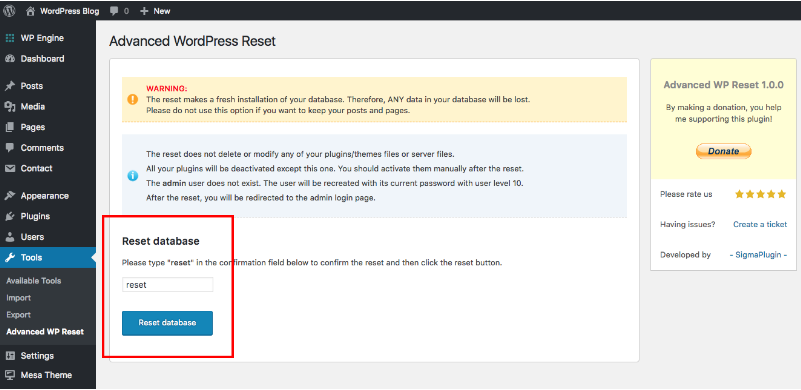 resetear wordpress base de datos