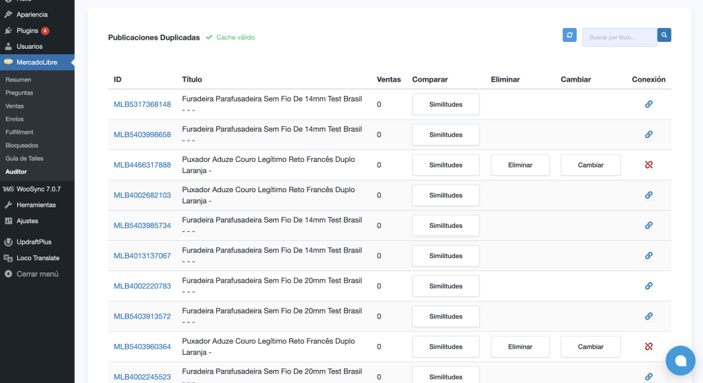Pantalla del auditor de publicaciones de WooSync que muestra el listado de publicaciones, ventas y estado de vinculación con WooCommerce para detectar duplicados o publicaciones sin conexión activa