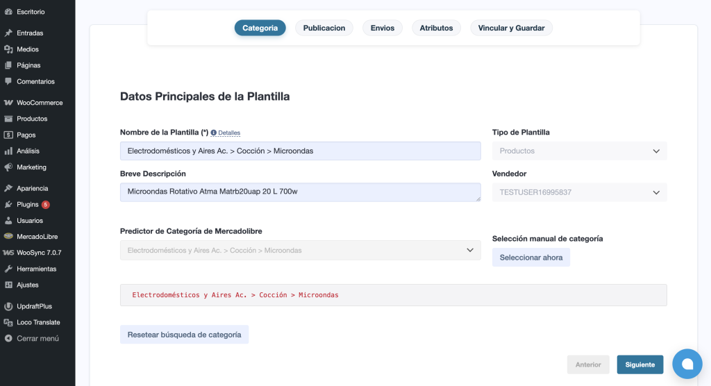 Aba de categoria no assistente de configuração de modelos de conexão do WooSync