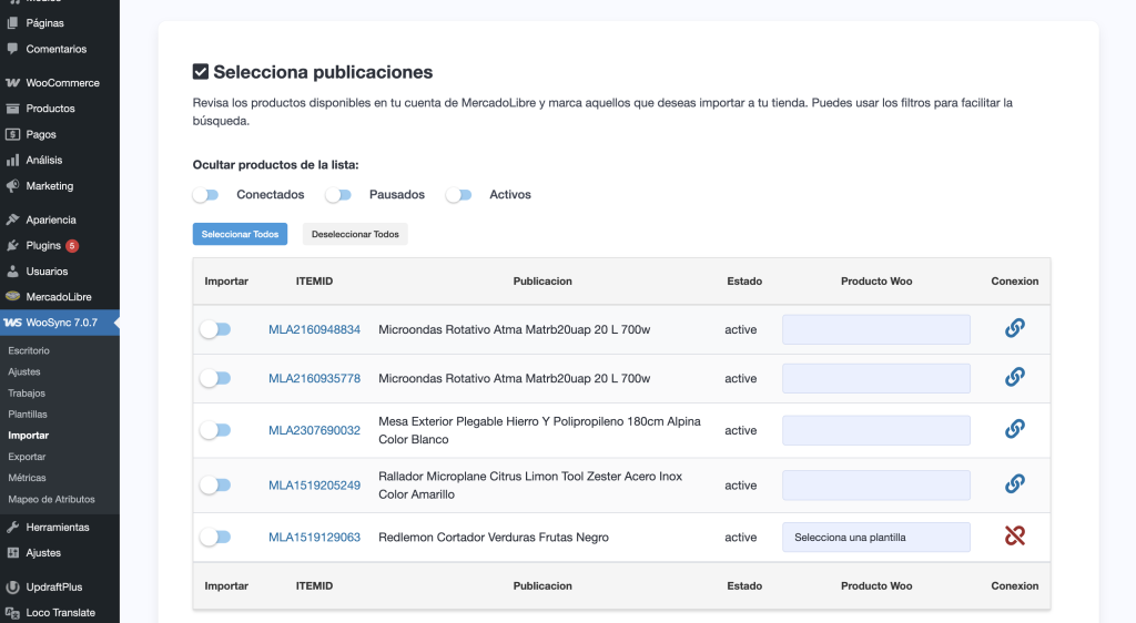 Paso 2 del importador de WooSync mostrando la selección de publicaciones de Mercado Libre para importar a WooCommerce