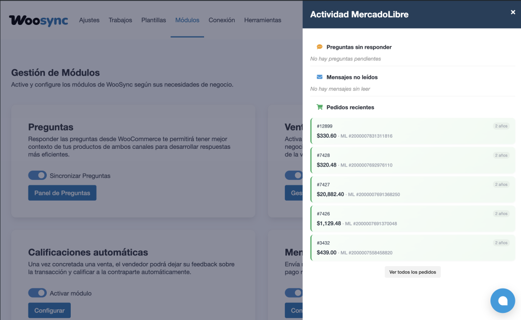 Panel lateral de actividad reciente de Mercado Libre en WooSync: preguntas, mensajes y pedidos nuevos