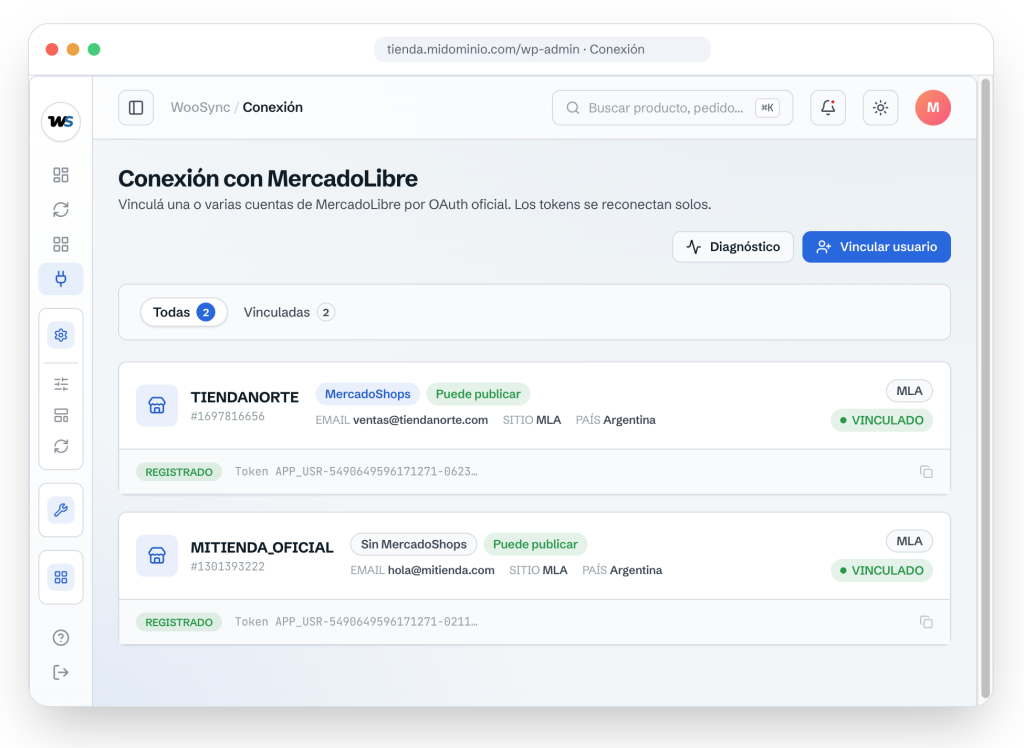 Pantalla de WooSync para conectar cuenta de Mercado Libre mediante OAuth