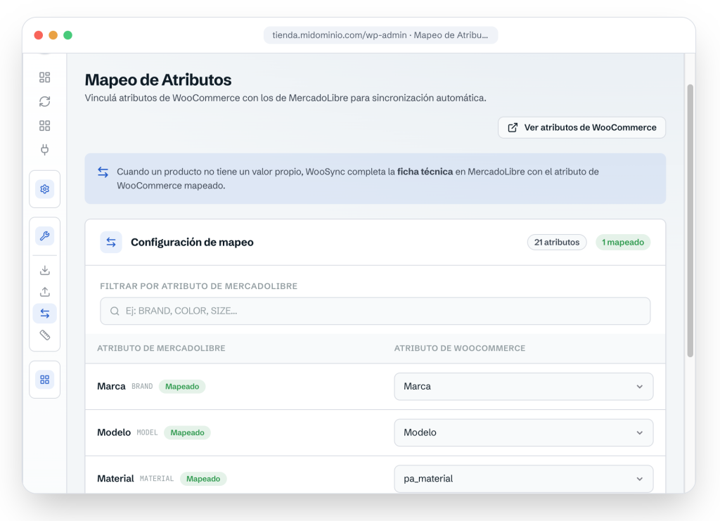 Mapeo de atributos de WooCommerce con atributos de Mercado Libre en WooSync