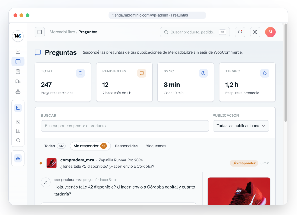 Panel de preguntas de Mercado Libre gestionado desde WordPress con WooSync