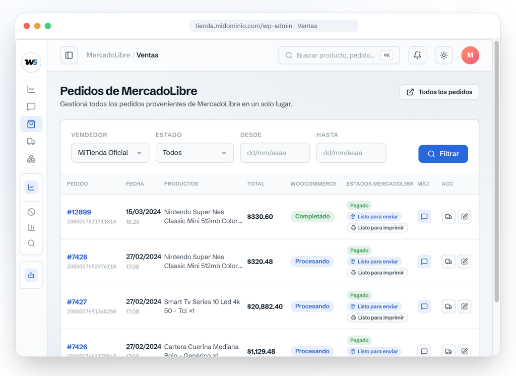 Pantalla de gestión de pedidos de Mercado Libre dentro de WooCommerce con WooSync