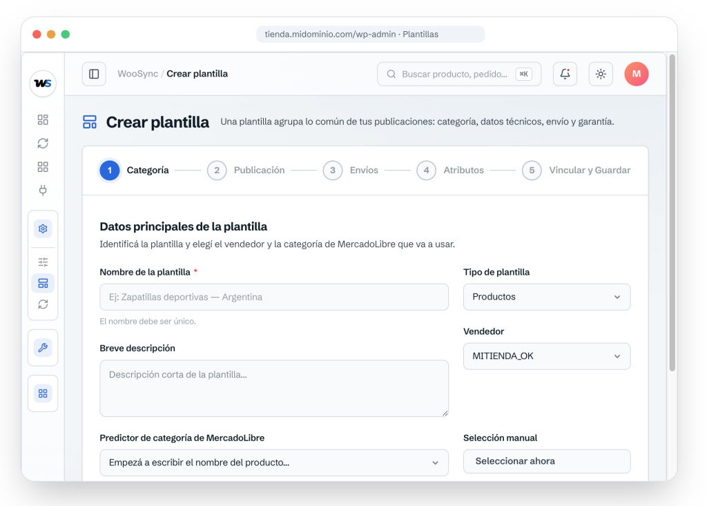 Pantalla de WooSync para crear plantilla de conexión entre WooCommerce y Mercado Libre
