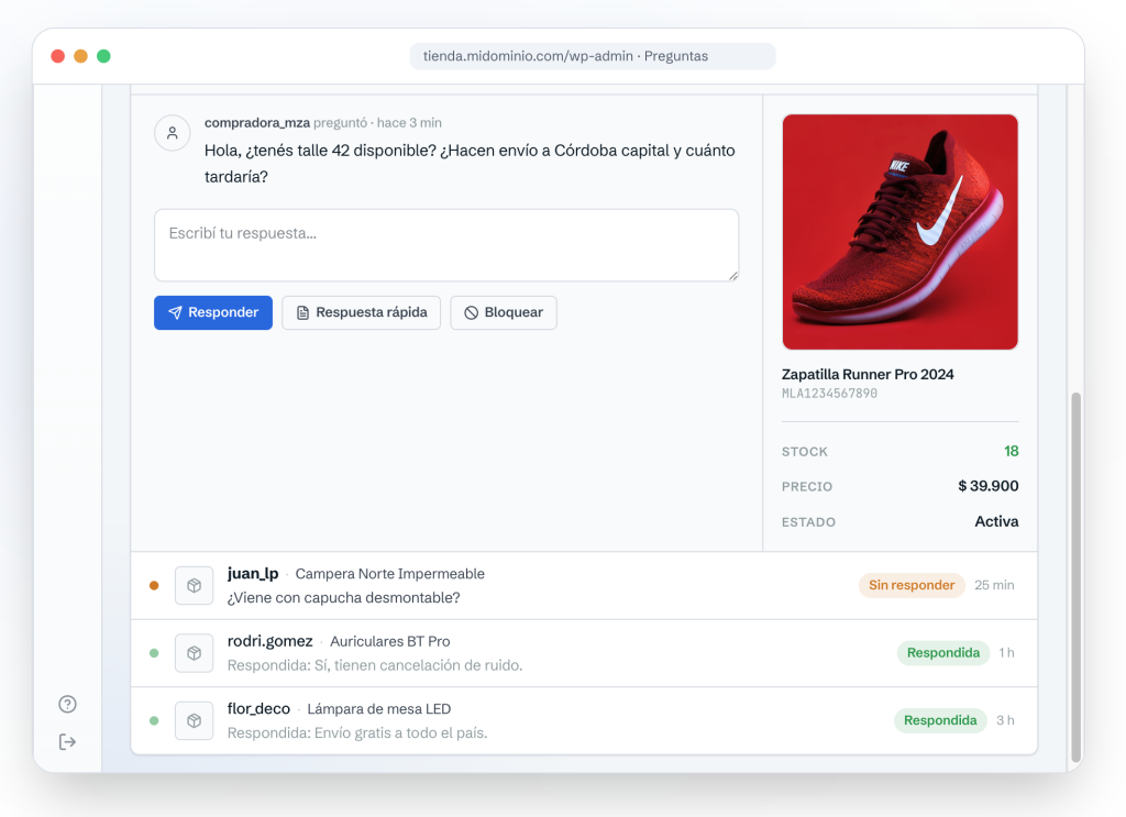 Pantalla de WooSync para responder preguntas de compradores de Mercado Libre desde WordPress, con campo de respuesta y opciones de respuesta rápida