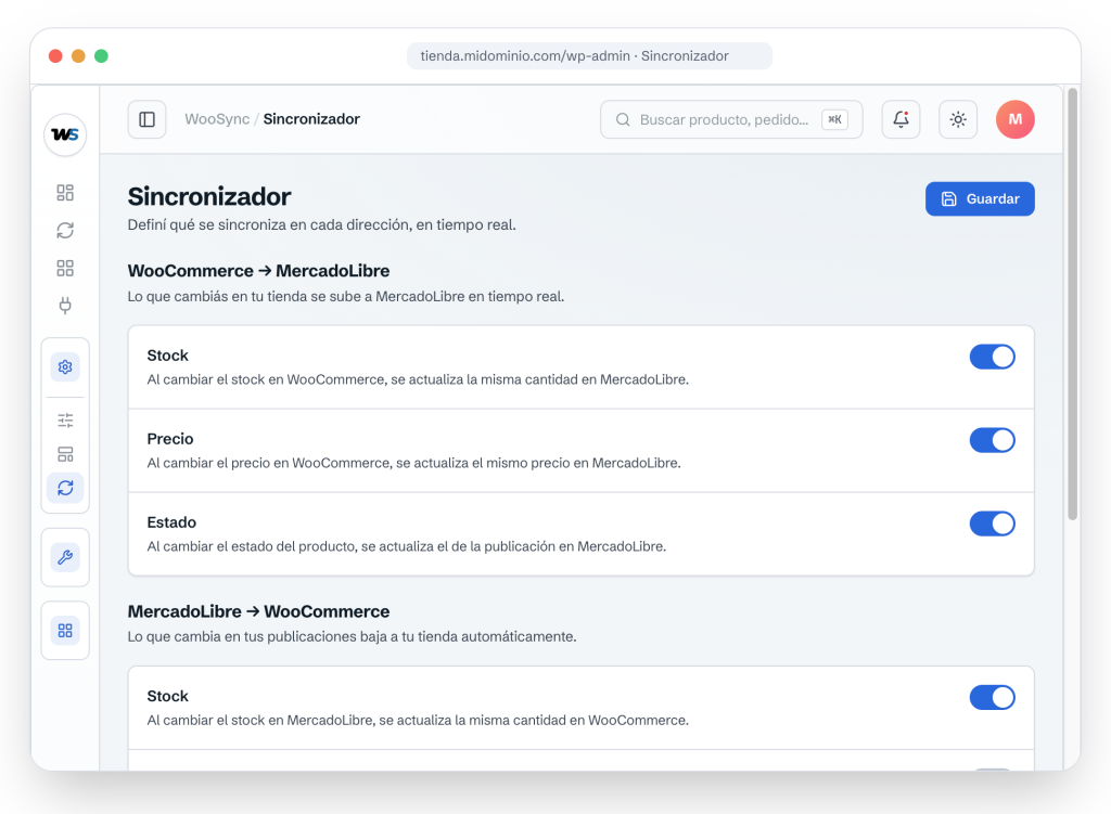 Pantalla del sincronizador de WooSync mostrando la configuración de sincronización bidireccional entre WooCommerce y Mercado Libre